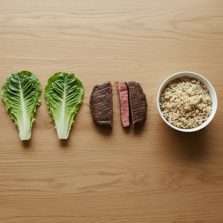Vegetables, protein and rice laid out in eating order