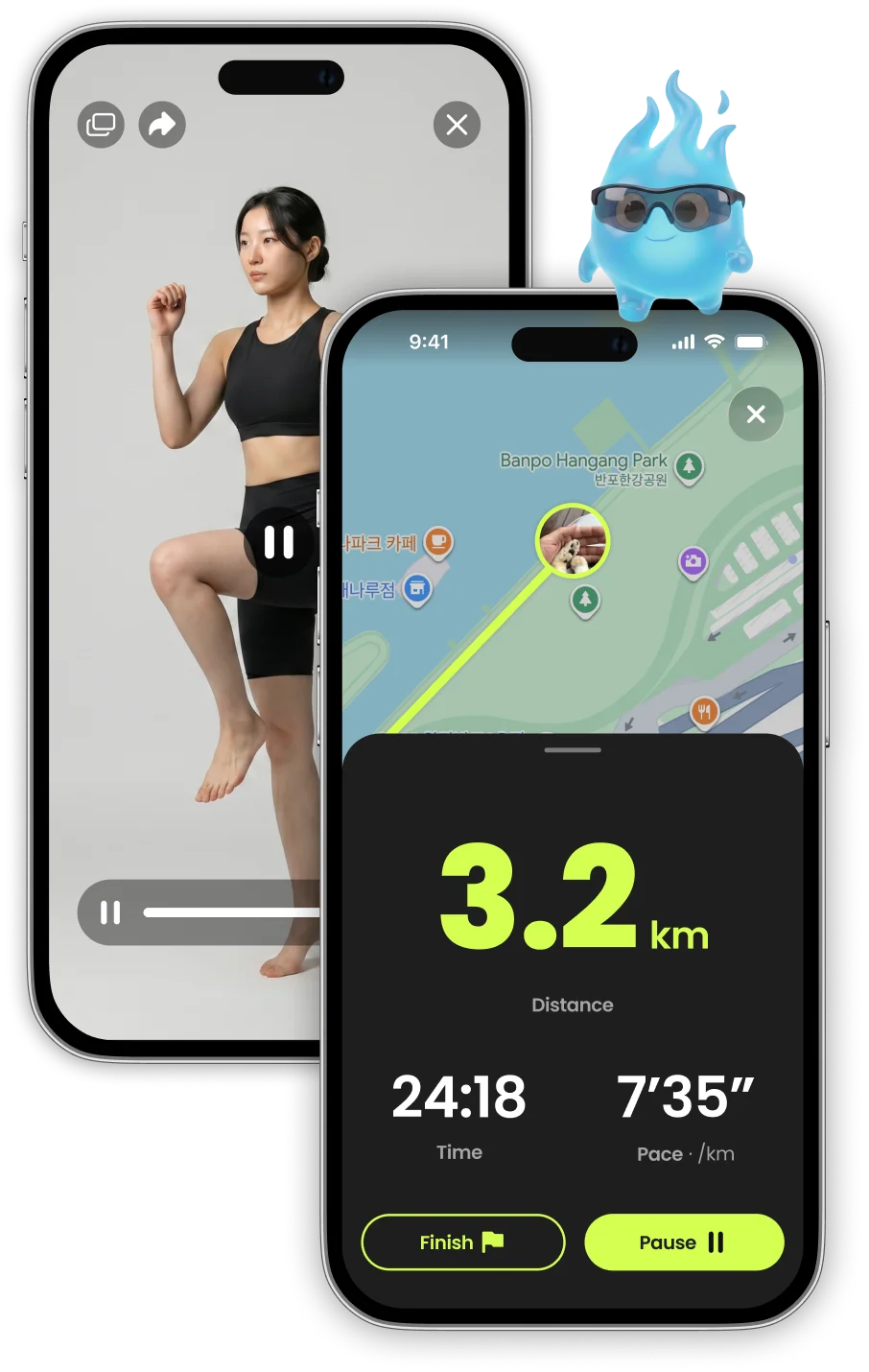 Home workout video and running coach screens